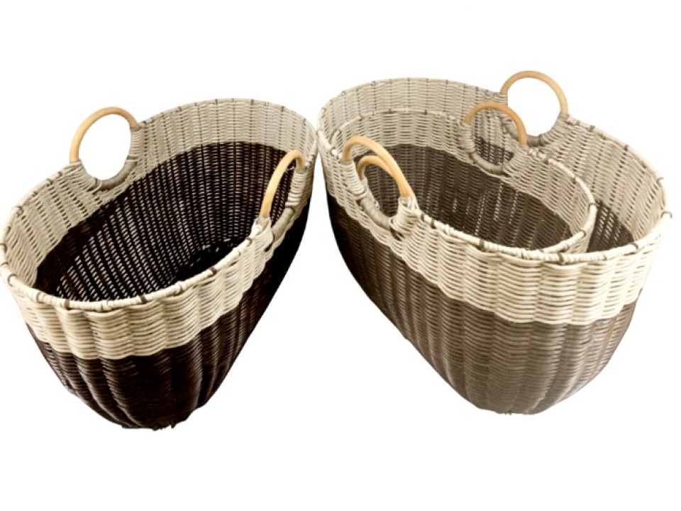 Superior Two-Tone Resin Wicker Oval Baskets with Rattan Ring Handles- Set of 3